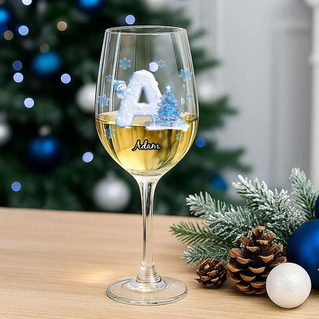 Merry Christmas - Personalized Blue Christmas Tree Long Stem Family Wine Glass